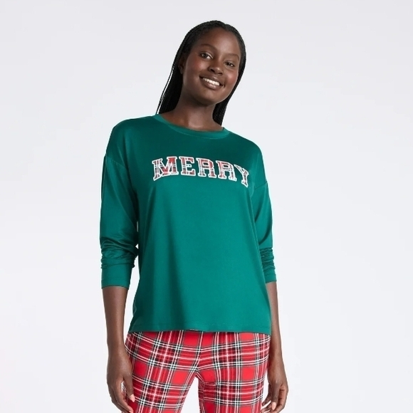 Joyspun NEW Green Merry Plaid Christmas Pajama Top XL 16-18 Long Sleeve Soft - Picture 2 of 5
